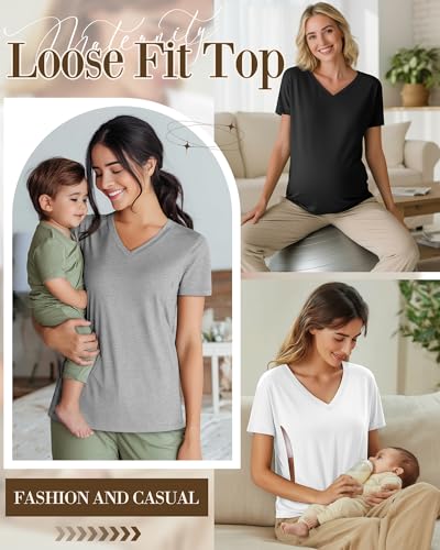 4 Pack Women's Nursing Maternity Shirts - color: Black, Light Gray, White, Coffee, size: X-Large