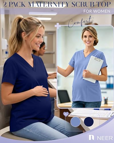 Neer 2 Pack Maternity Scrub Top for Women - color: Light Blue, Navy Blue, size: X-Large