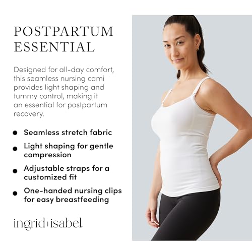 Ingrid & Isabel Nursing & Shaping Cami – Seamless Maternity Tank Top with Adjustable Straps & Easy Breastfeeding Access - color: White, size: Medium