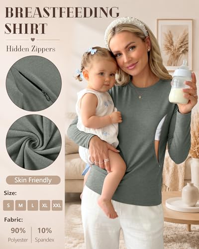 3 Pack Women's Nursing Tops Breastfeeding Shirts Fall - color: Coffee, Light Camel, Gray Green, size: X-Large