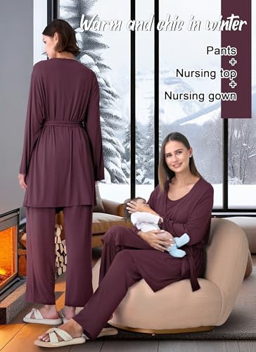 Rnxrbb 4PCS Year-Round Nursing Pajamas Robe Set Postpartum Breastfeeding Pj - color: Deep Purple, size: Large
