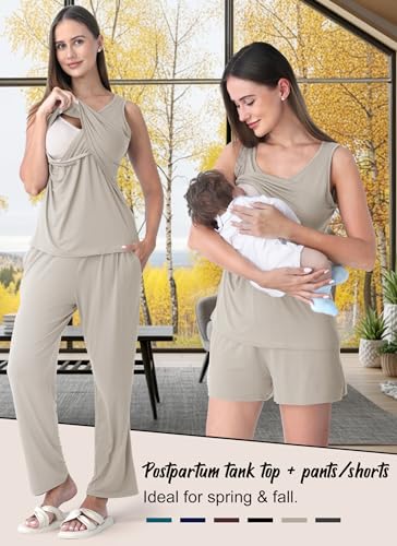 Rnxrbb 4PCS Year-Round Nursing Pajamas Robe Set Postpartum Breastfeeding Pj - color: Beige, size: Small