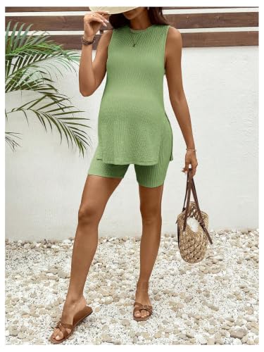 OYOANGLE Women's Two Piece Maternity Outfit Slit Hem Sleeveless Shorts Set - color: Light Green, size: Medium