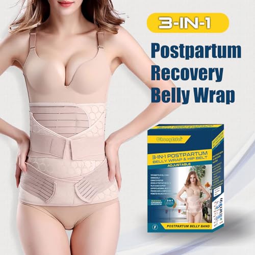 ChongErfei 3 in 1 Postpartum Belly Wrap Recovery Band Belt Abdominal Binder - color: Beige, size: S/M