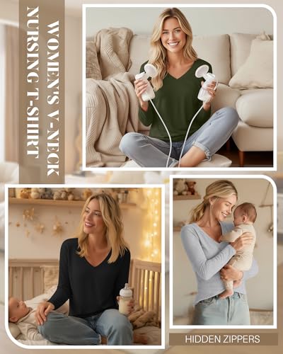 Huukeay 3 Pack Maternity Nursing Tops Breastfeeding Shirts - color: Black, Light Gray, Army Green, size: X-Large