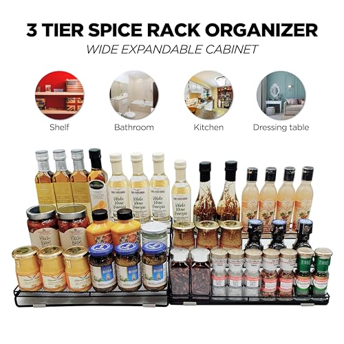 3 Tier Wide Expandable Cabinet Spice Rack Organizer (14.5" to 29.1") - Step Shelf with Protection Railing, Black - color: Large & Wide