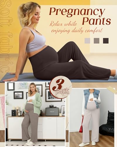 3 Pack Women's Maternity Lounge Pants Soft Sweatpants - color: Creamy Gray, Light Coffee, Brown, size: Medium