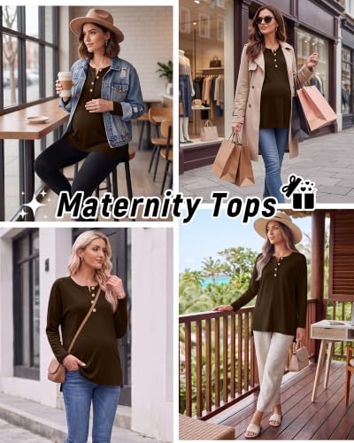 Ficerd Women Maternity Shirt Pregnant Long Sleeve Henley Top - color: Brown, size: Medium