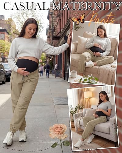 Cutecrop Womens Maternity Cargo Joggers Over The Belly Pregnancy Sweatpants Quick-Dry Causal Stretch Scrub Pants with Pockets - color: Khaki, size: Large