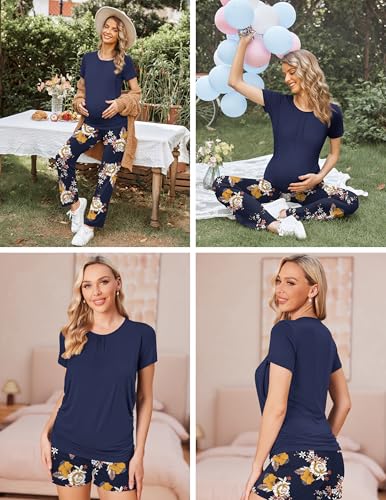 Ekouaer Maternity Nursing Pajamas Set 3 Piece Postpartum Breastfeeding Pjs - color: Floral Navy Blue, size: Medium