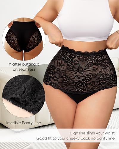 Women's High Waisted Underwear Lace Panties Full Coverage 4 Pack - color: Black, size: XX-Large
