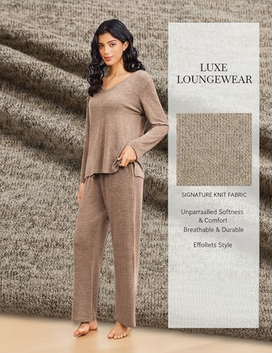 Ekouaer Fall Pajamas for Women Set Long Sleeve V Neck 2 Piece Lounge Sets - color: Brown, size: X-Large