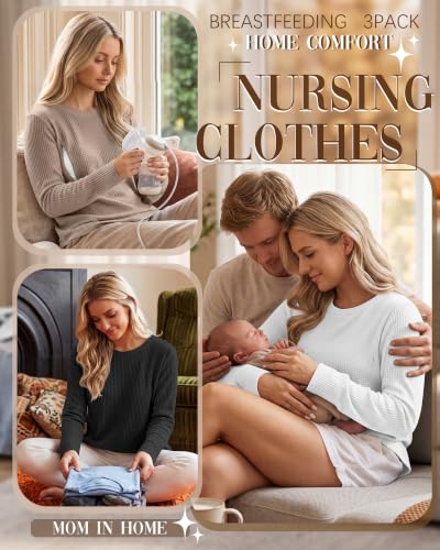 Neer 3 Pack Women's Nursing Hidden Zipper Long Sleeve Shirts - color: Khaki, White, Black, size: Medium