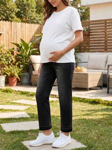 BLENCOT Women Maternity Pants High Waisted Straight Leg Ankle Jeans - color: Black, size: X-Large