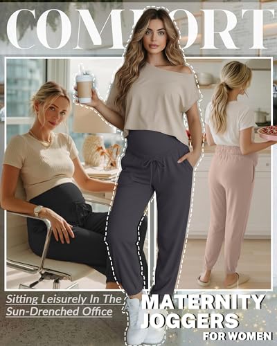3 Pack Womens Maternity Pants Pregnancy Lounge Jogger - color: Khaki, Cement Gray, Black, size: Large