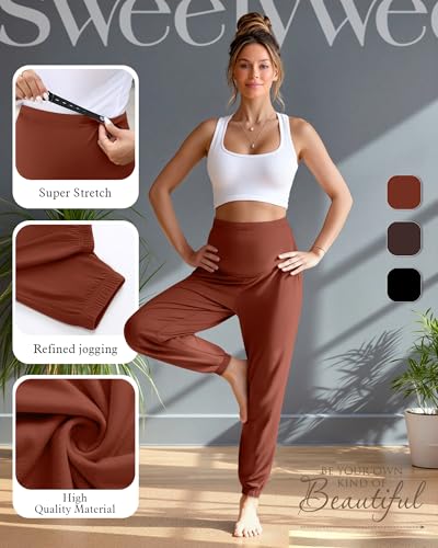3 Pack Women's Maternity Jogger Pregnancy Sweatpants - color: Pumpkin, Dark Brown, Black, size: Medium