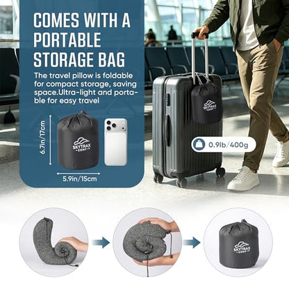 SkytraxComf® Travel Neck Pillow with Hood for Privacy on Long Flights - color: Grey