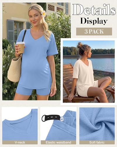 2 Pack Women Maternity Set Pregnancy Outfit - color: Blue, Beige, size: Small