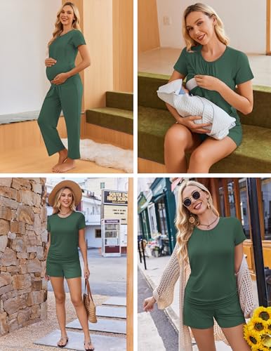 Ekouaer Maternity Nursing Pajamas Set 3 Piece Postpartum Breastfeeding Pjs - color: Dark Green, size: Large
