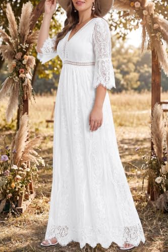 Plus Size Wedding Dresses Boho Lace Formal Bohemian Fall Long Dress - color: White, size: 14 Plus