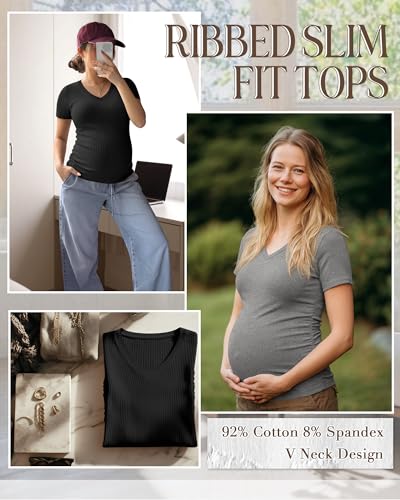 Neer 4 Pack Women's Maternity Shirts Short Sleeve - color: Black, Light Heather Gray, Light Blue, Light Pink, size: Large