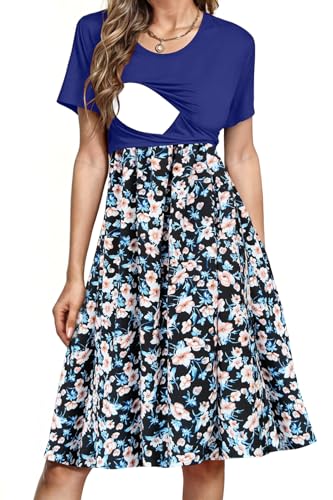 PARNIXS Women's Nursing Dress Summer Short Sleeve Patchwork Pregnancy Clothes with Pockets - color: Pattern 04, size: Large