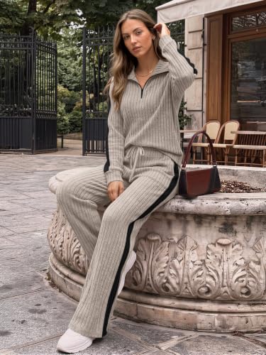 Trendy Queen Womens 2 Piece Lounge Matching Sets Fall Travel Comfy Outfits - color: Khaki, size: Medium