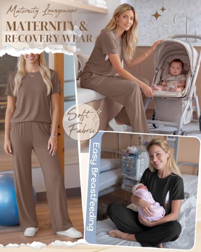 Ficerd 2 Pack Maternity Nursing Pajama Breastfeeding Sets Pjs - color: Coffee, Black, size: Medium