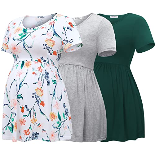 Bearsland Short Sleeve Maternity Top - color: Green & Light Grey & White Flower, size: Small