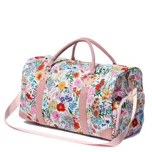 Travel Duffle Bag, Weekender Bag for Women with Shoe Compartment, Carry on Overnight Bag Gym Duffel Bag, Mommy Hospital Bags - color: Canvas Pink flower