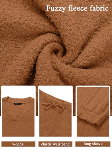 MEROKEETY Women's Fall Fleece 2 Piece Outfits Pajama Lounge Sets - color: Brown, size: Large