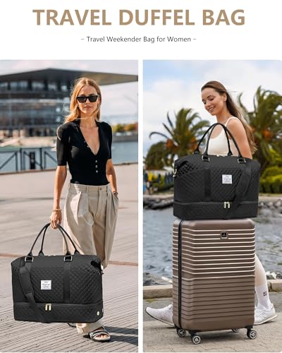 Travel Weekender Duffle Bag for Women: Overnight Bags with Shoe Compartment - color: 1-Black, size: X-Large