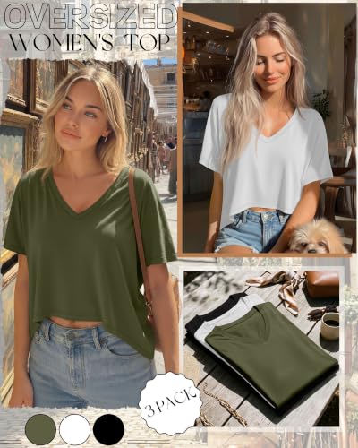 Huukeay 3 Pack Women's Oversized V Neck T Shirts - color: Army Green, White, Black, size: Medium