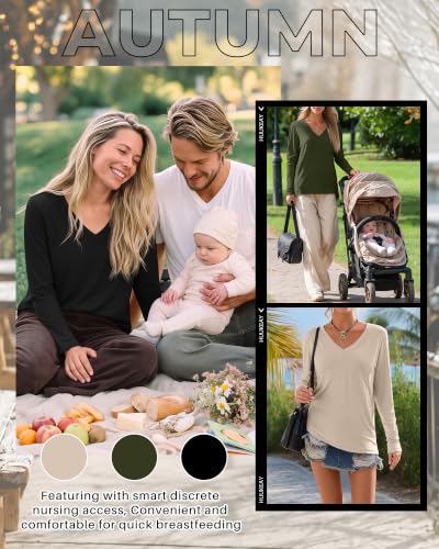 Huukeay 3 Pack Maternity Nursing Tops Breastfeeding Shirts - color: Black, Army Green, Light Khaki, size: Medium