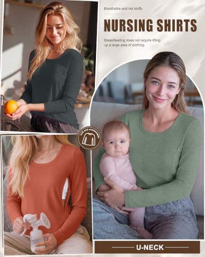 3 Pack Women's Long Sleeve Nursing Tops - color: Pumpkin, Gray Green, Dark Gray, size: Medium