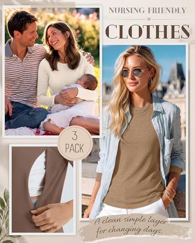 3 Pack Women's Nursing Tops Breastfeeding Shirts Fall - color: Apricot, Khaki, Coffee, size: Medium