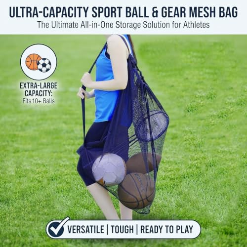 Heavy Duty Mesh Ball Bag, Drawstring Sport Equipment Storage Bag - color: Black-XL