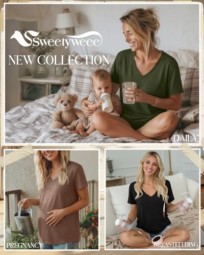 3 Pack Women's Nursing Tops Breastfeeding Shirts - color: Black, Mocha, Army Green, size: Medium