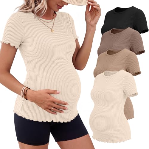 Riyiper 4 Pack Maternity Ribbed Knit Shirts for - color: Cream, Khaki, Light Brown, Black, size: XX-Large
