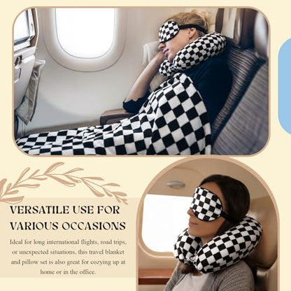 HunnmingRe 5 Pcs Travel Pillow Blanket Set, Airplane,Checkered,Black - color: Black, style: Checkered