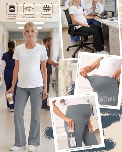 2 Pack Women's Maternity Wide Leg Cargo Scrub Pants - color: Black, Cool Light Gray, size: Medium