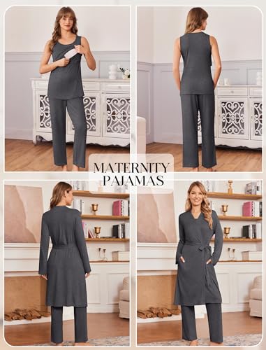 Maternity Sets Labor and Delivery Gown Postpartum Essentials Nursing Pajama - color: Deep Grey, size: XX-Large