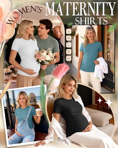 Ficerd 3 Pack Women's Short Sleeve Maternity Shirts - color: Black, White, Gray Blue, size: Medium