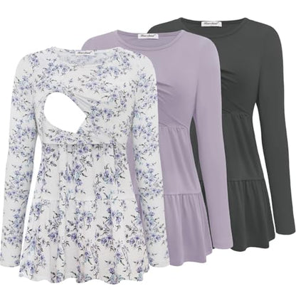 Bearsland Long Sleeve Nursing Top - color: Iron Gray & Pastel Purple & Purple Floral, size: Large