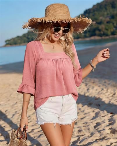 Bulotus Womens Plus Size Tops Square Neck Blouse Boho Top Chiffon 3/4 Sleeve Ruffle Shirt Cute Tunic 2026 Spring Summer - color: Light Pink, size: 3X-Large Plus