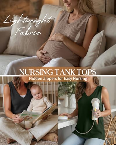 3 Pack Women's Waffle Nursing Tank Tops - color: Black, Army Green, Coffee, size: Small