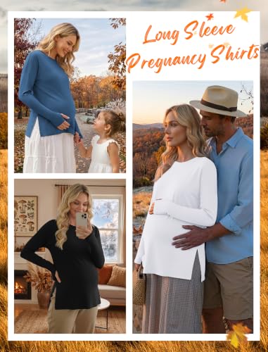 3 Pack Women Maternity Shirts Long Sleeve Pregnancy Tops with Thumb Hole - color: Black/White/Blue, size: Medium
