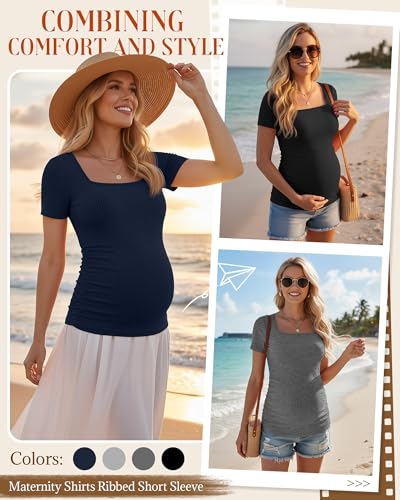 Huukeay 4 Pack Women's Short Sleeve Maternity Shirts - color: Black, Dark Gray, Heather Gray, Navy Blue, size: Medium