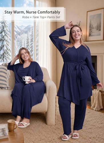 Rnxrbb 4 PCS All-Season Nursing Pajamas Robe Set Maternity Postpartum Pjs - color: Navy, size: Medium