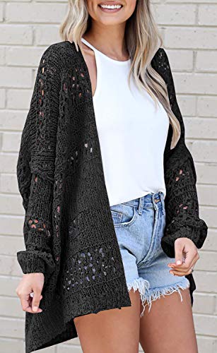 Ermonn Womens Crochet Cardigan Sweater Kimonos Boho Solid Color Oversized Spring Open Front Outwear - color: Black, size: Large
